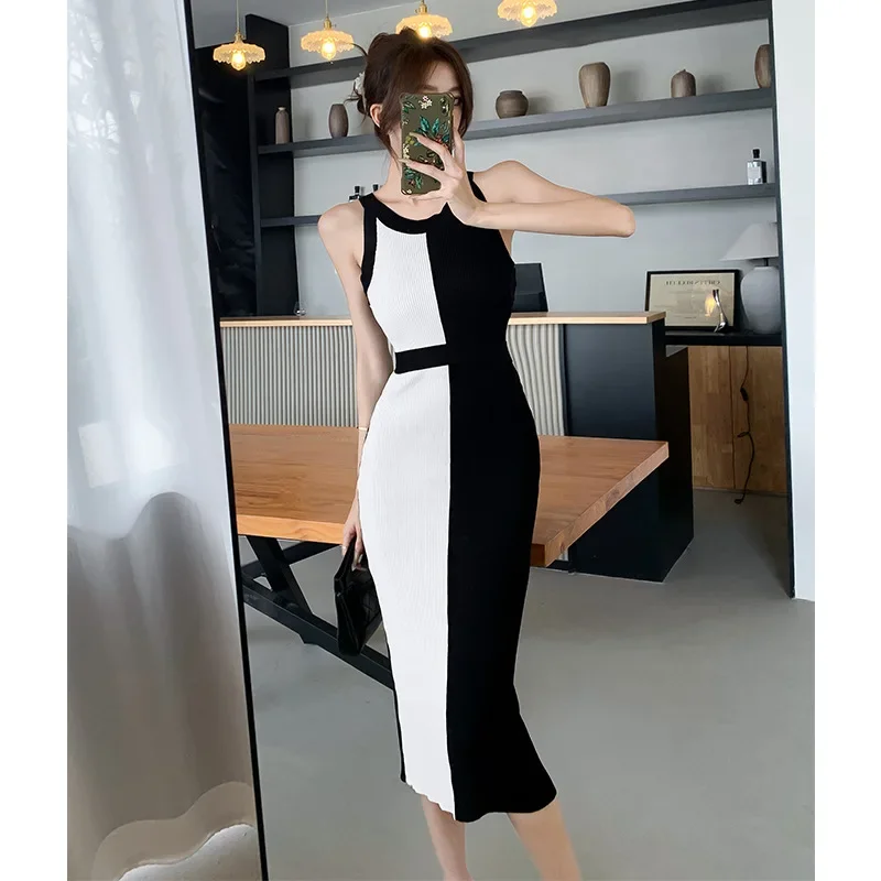 Real shot of royal sister style Korean high-end sleeveless lace-up knitted dress for women summer slim-fitting long skirt