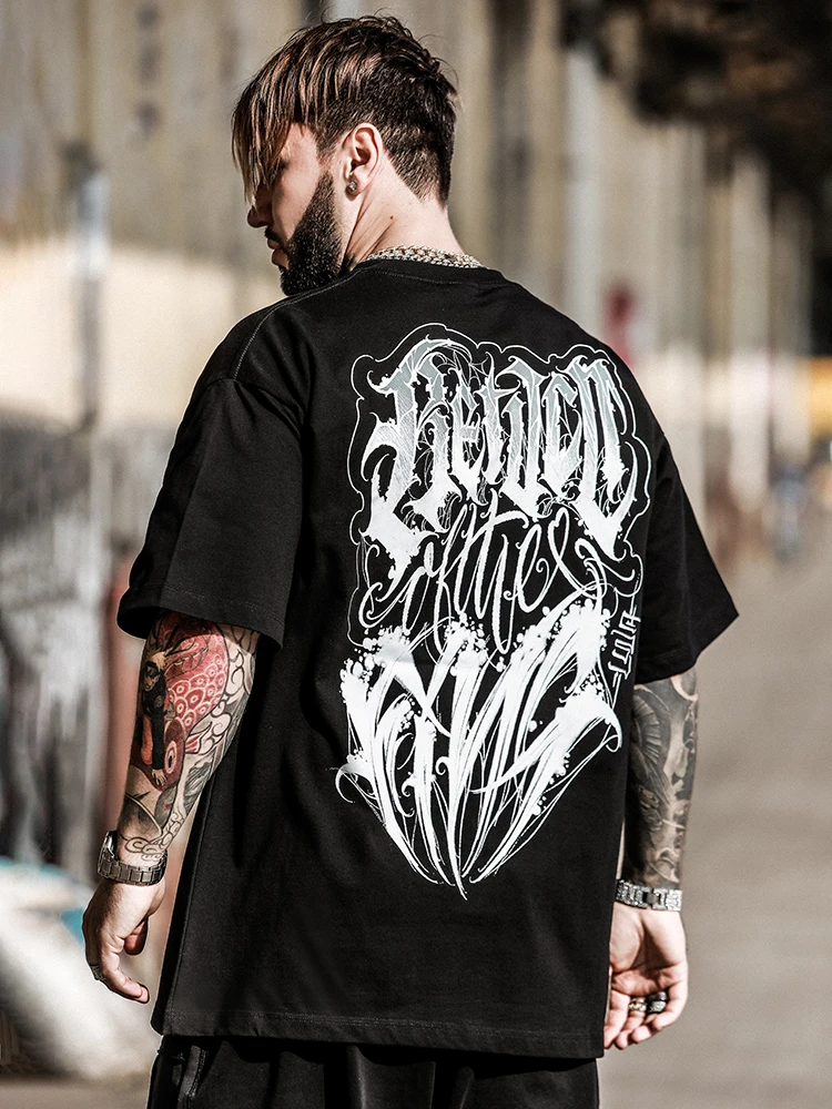 

Chicano Flower Type Loose Gangster Shoulder Short Sleeve Crew Neck Trendy Hip Hop BboyT-Shirt Destroy Short Sleeve