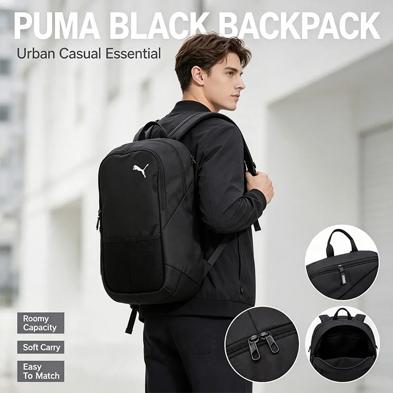 Puma Black Backpack Daily School Backpack Adjustable Shoulder Straps Lightweight Durable Spacious Minimal Campus Travel Daypack