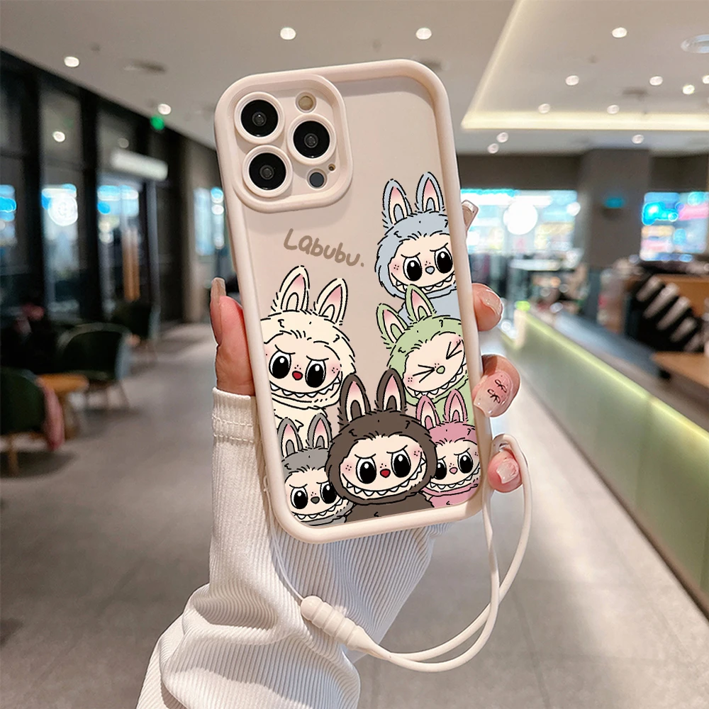 Nuova custodia per telefono Kawaii Cute Labubu per IPhone 15 14 13 12 11 Pro Max Mini XR XS X 7 8 Plus Cover posteriore morbida in TPU con cinturino