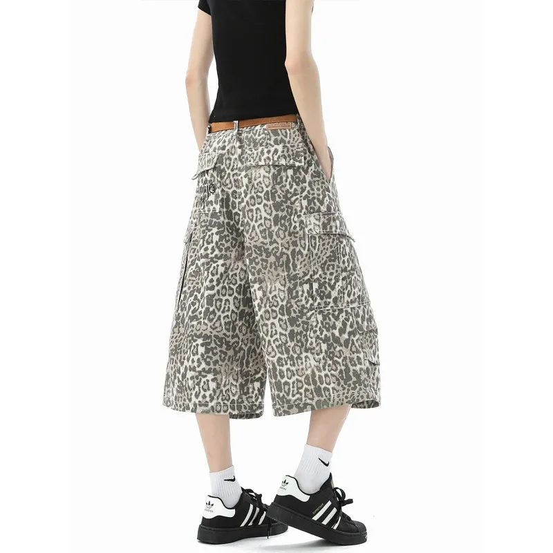 Women’s Jeans  3 4 Length Leopard Print Loose Wide Leg Denim Shorts Summer Fashion Classic