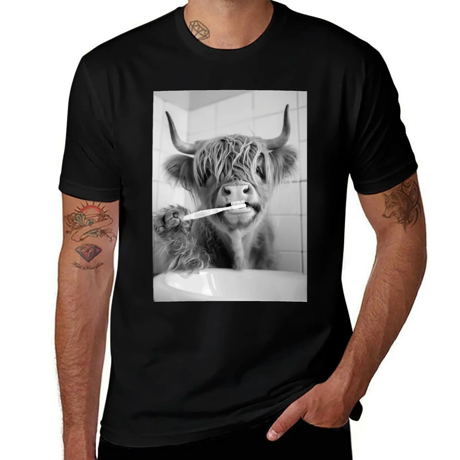 

Highland Cow Brushing Teeth in the Bathroom T-Shirt funny costumes affliction shirts football t shirt mens t shirt