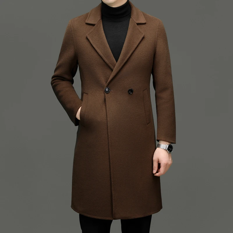 Winter Autmen Men Cashmere Blend Overcoat Old Money Style Wool Coat Gray Black Coffee Notched Collar Back Split Design Attire