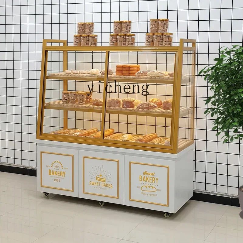 Vitrina de exhibición de pan y pasteles cc25 para panadería, con isla lateral, vitrina comercial de vidrio para alimentos.