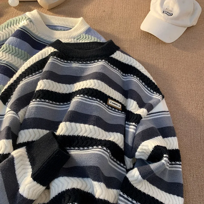 

2024 New Autumn Winter Large Size 250 Pou Striped Men's Sweater Trendy American Hip Hop Lazy Sle Knitted irt INS