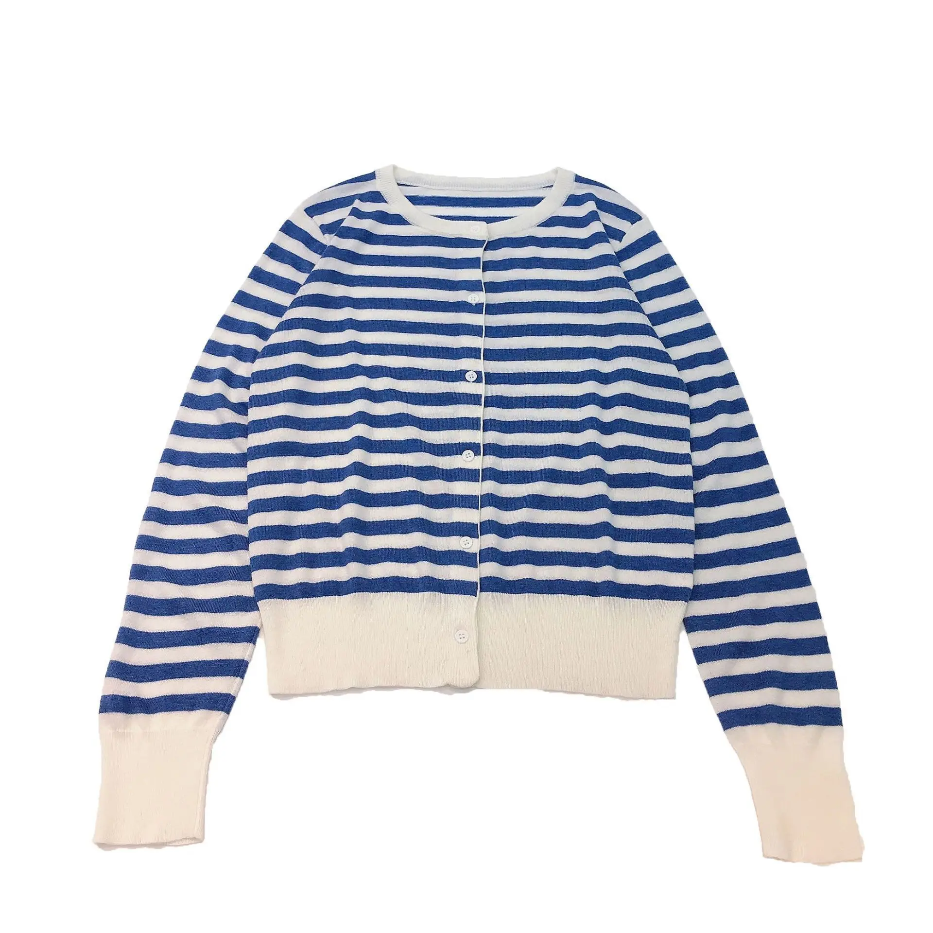 1608 Jesień Zima Nowy Sweter Rozpinany z Okrągłym Dekoltem w Paski, Luźny, Swobodny, z Kaszmiru, Dzianinowy, Płaszcz, Koszula Chroniąca przed Słońcem