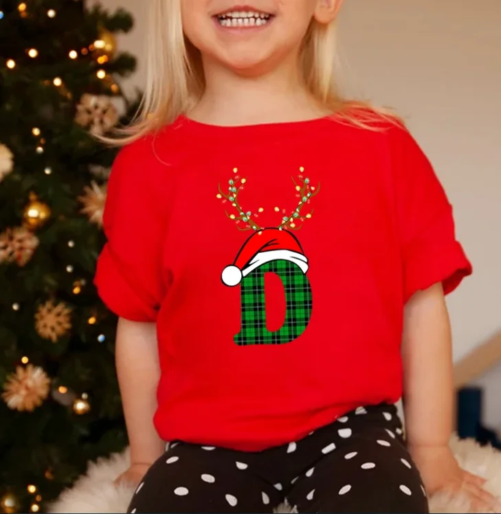 Cerveja de Natal infantil com chapéu, camisetas com estampa alfabética xadrez, tops de manga curta, moda, 2024