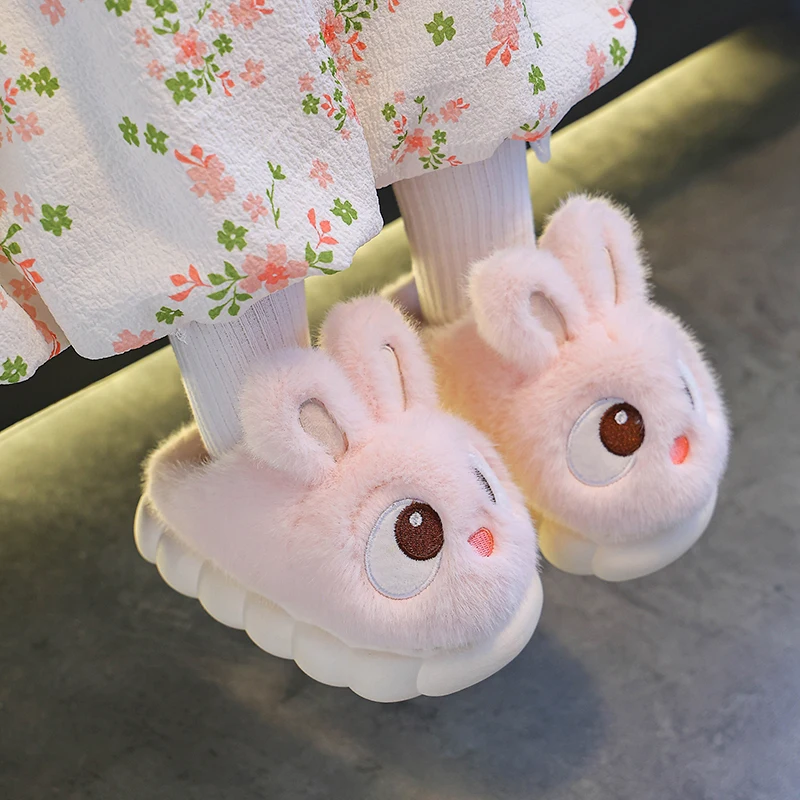 New Winter Cute Big eyed Rabbit Children\'s Waterproof Warm Non-slip Fluffy Slippers For Girls Boys Kids Indoor Home Cotton Shoes