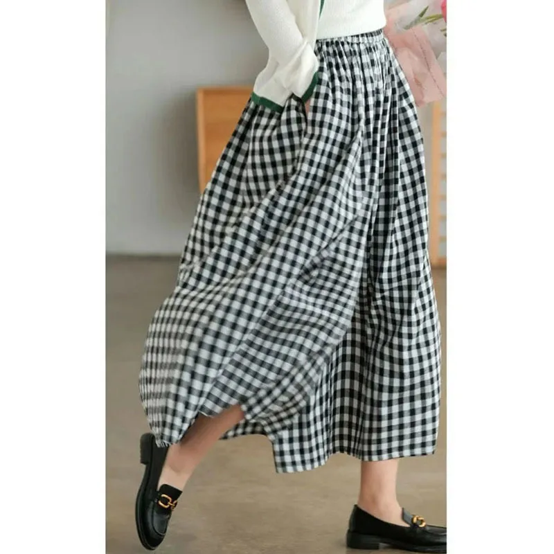 Women's Casual Cotton Linen Plaid Cropped Pants Summer Loose Fitting Nine Points Pants