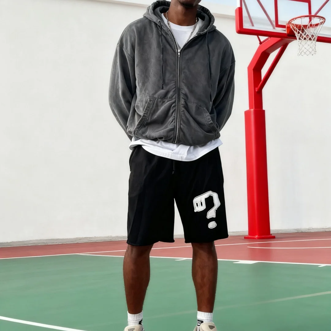 Paar sportbroeken met vraagtekenborduurwerk Vintage hiphop casual shorts met trekkoord voor heren en dames streetwear