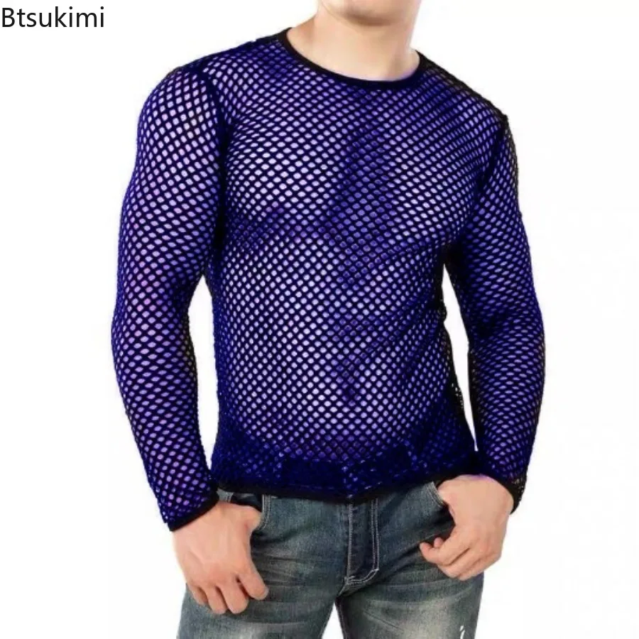 メンズセクシーシースルーメッシュクロップトップスフィッシュネットホローアウトTシャツファッションスポーツフィットネスベストナイトクラブショートTシャツシアートップス