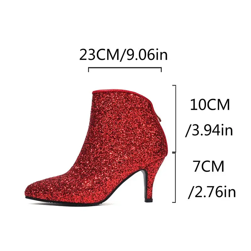 ASILETO Nieuwe Sexy Vrouwelijke Enkellaarsjes Puntschoen Dunne Hakken 7 cm Rits Bling Glitter Grote Maat 46 47 48 bruiloft Booties