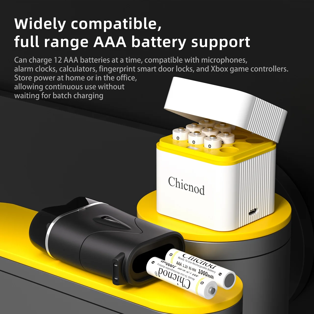 Chicnod PJ-N1230 AAA Rechargeable Battery 1000mAh Ni-MH Battery Set with 12 Slot Smart Charger Flip Cover Charging Kit