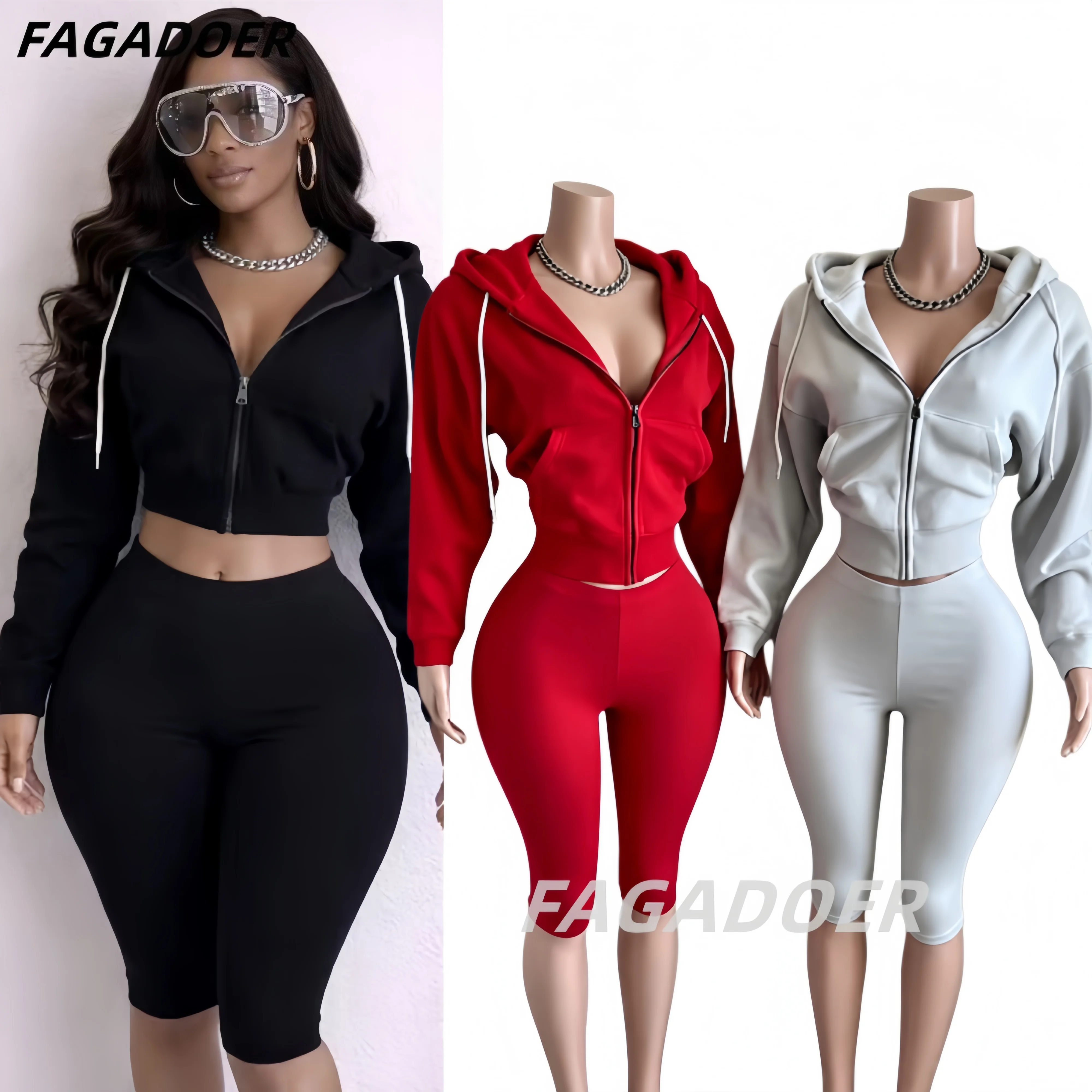 FAGADOER Women’s 2 Piece Tracksuit Set Long Sleeve Zip Up Cropped Hoodie High Waist Biker Shorts Casual Sporty Streetwear Outfit