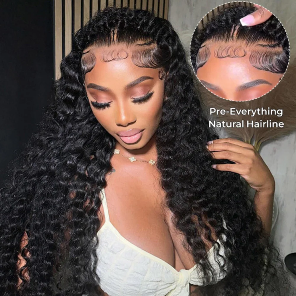 

34Inch Deep Water 200% Density Black Color 6X4 Glueless Wig Human Hair Preplucked Glueless Water Wave Lace Front Wig For Women