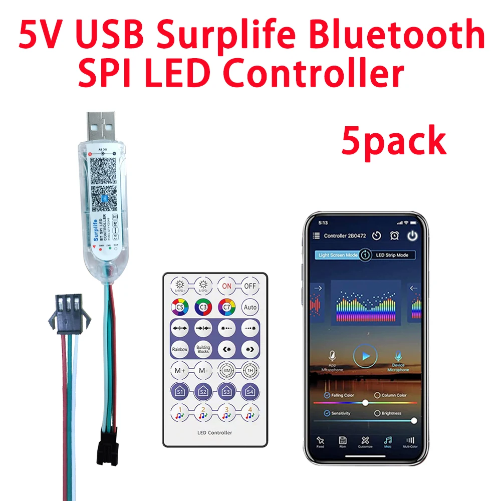 Wholesale Surplife 5V USB Bluetooth Music Pixel Controller APP for 3pin WS2812 SK6812 WS2811 WS2813 Dream Color String Light