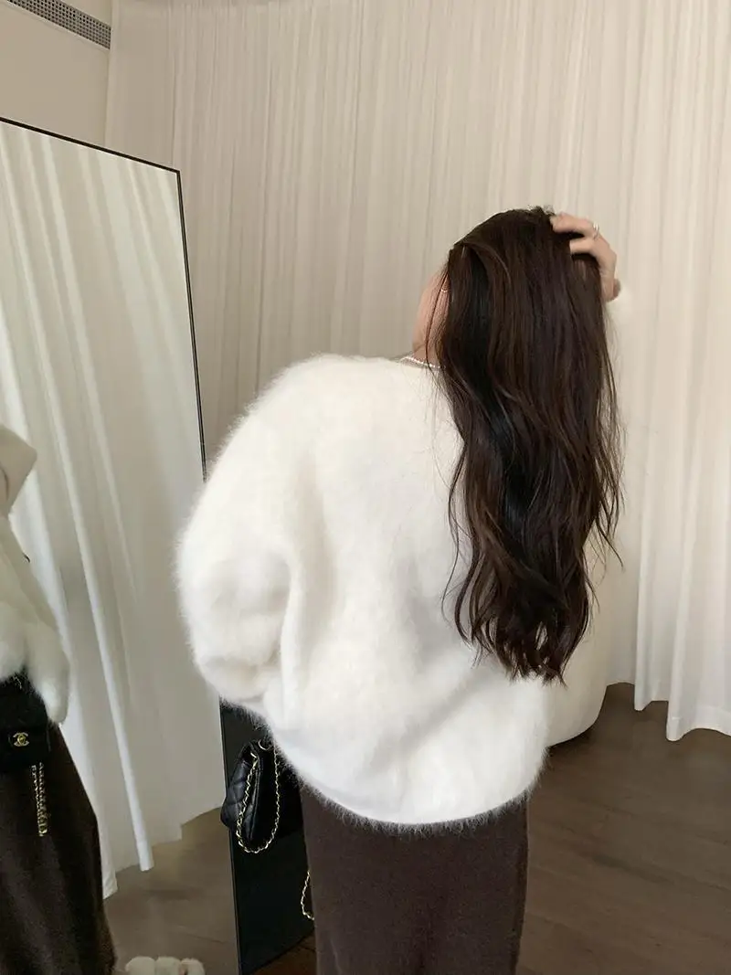 Irregular mink v-neck cardigan sweater women autumn and winter advanced feeling loose solid outside wear knitted sweater female