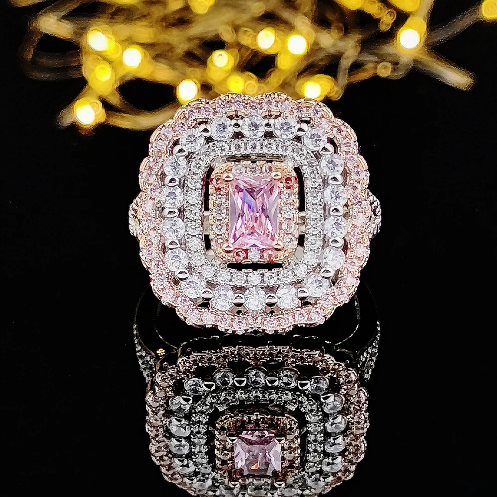 silver color designer Pink Multi Color Princess Cut Zircon Engagement Ring For Women Female Finger Lady Party Gift R4993