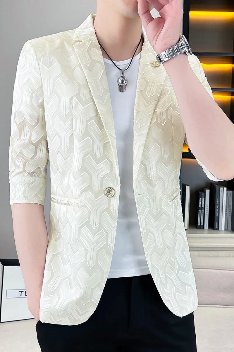 Summer Thin 3/4 Sleeve Blazers Men Slim Casual Business Suit Jackets Men Clothing Streetwear Social Nightclub Hairstylist Jacket