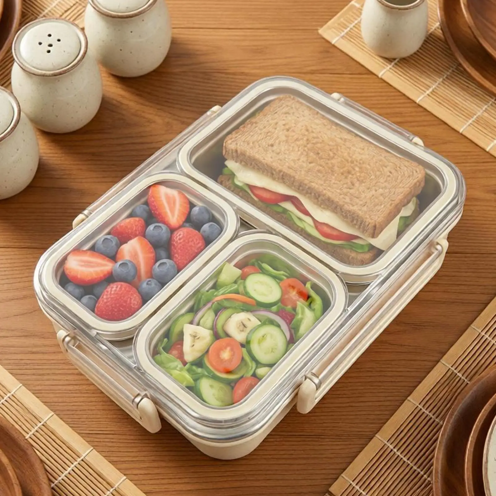 Large Capacity Lunch Box With Handle Portable Leak Proof  Stainless Steel Divided Food Containe Snack Containers for Kids Adults