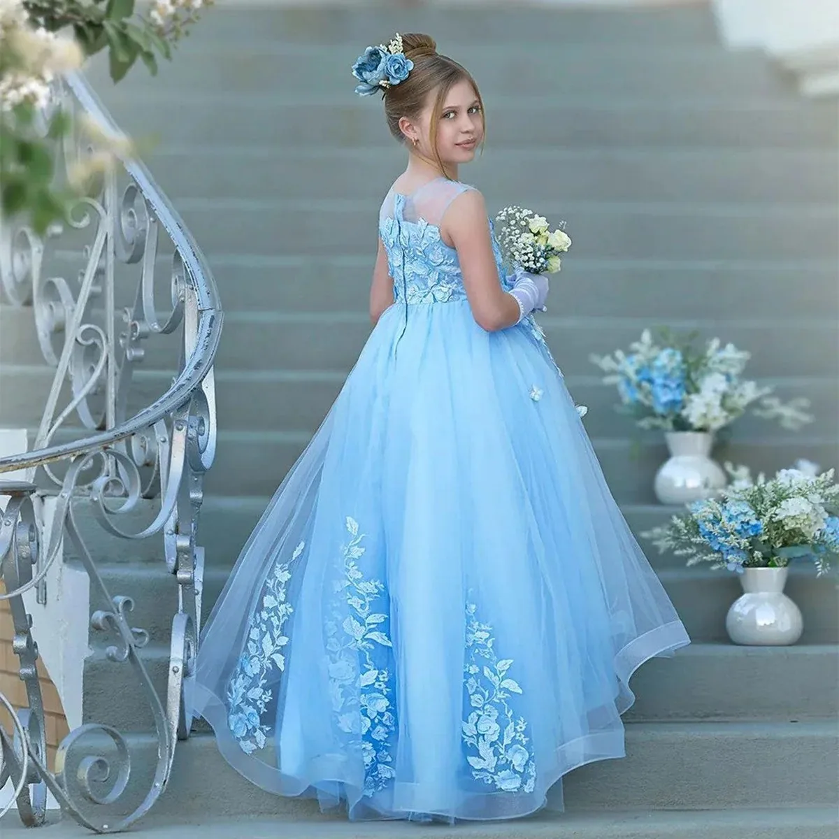 Elegant See-through Mesh Flower Girl Dress Luxury Floral Lace Appliqué 3D Butterfly High-low Hem Tutu Skirt Girl Wedding Princes