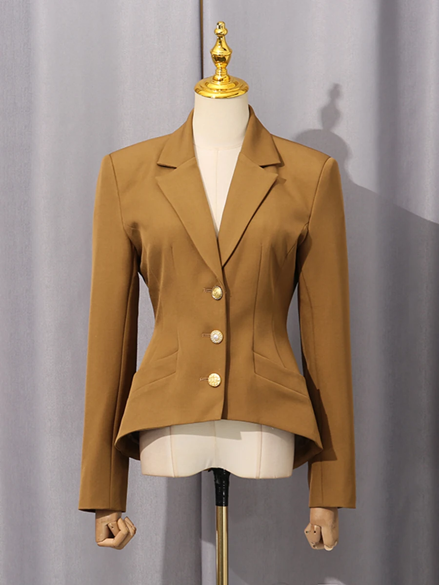 CHICEVER Brownyellow Spliced Folds Blazer Female Lapel Long Sleeve Slimming Office Commute Women's Blazers Autumn Fashion Style