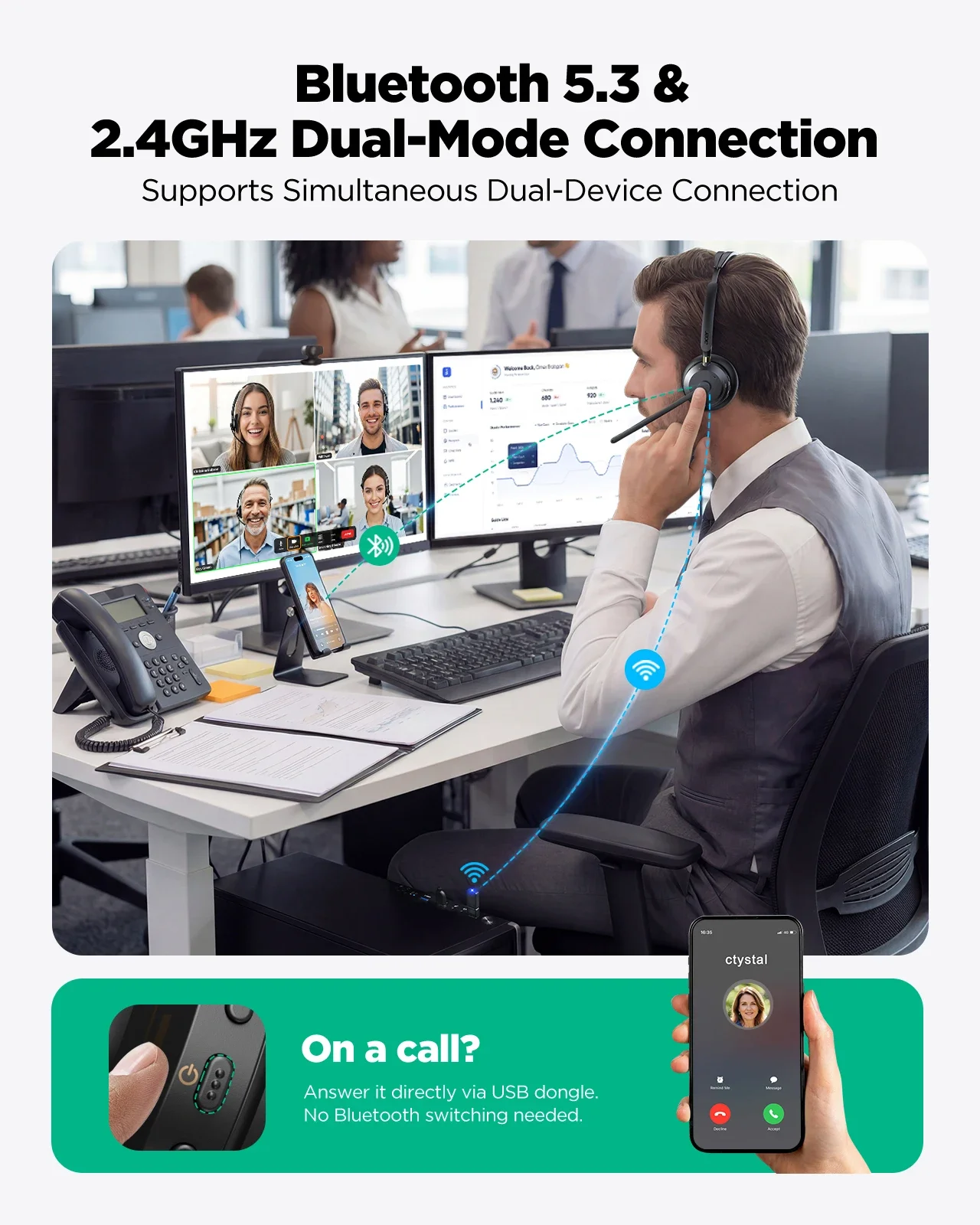 Acer Bluetooth 5.3 & 2.4G Headset for Clear Call ＆ Meeting Wireless Headset with Mic for Work and Remote & Office