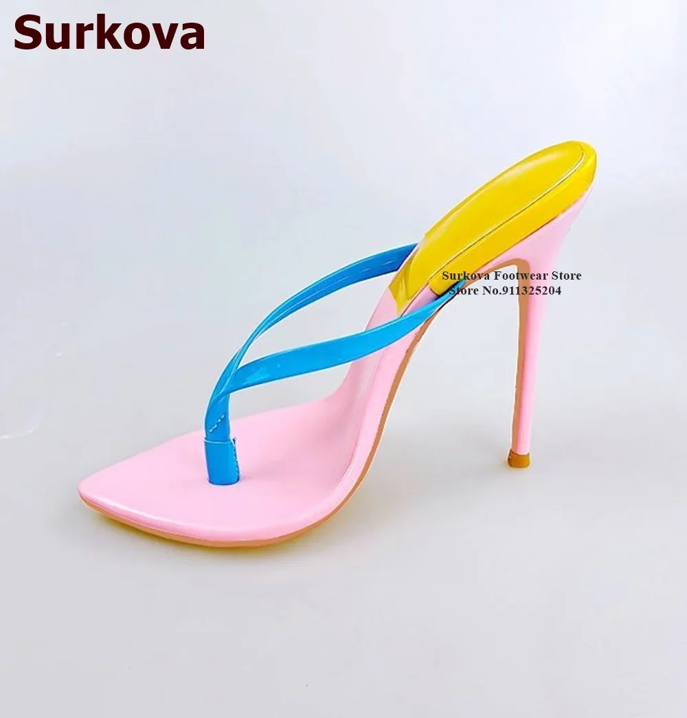 Surkova Red Thin High Heel Clip Toe Slippers Yellow Green Mixed Color Patchwork Summer Sandals Slip-on Dress Shoes Size46