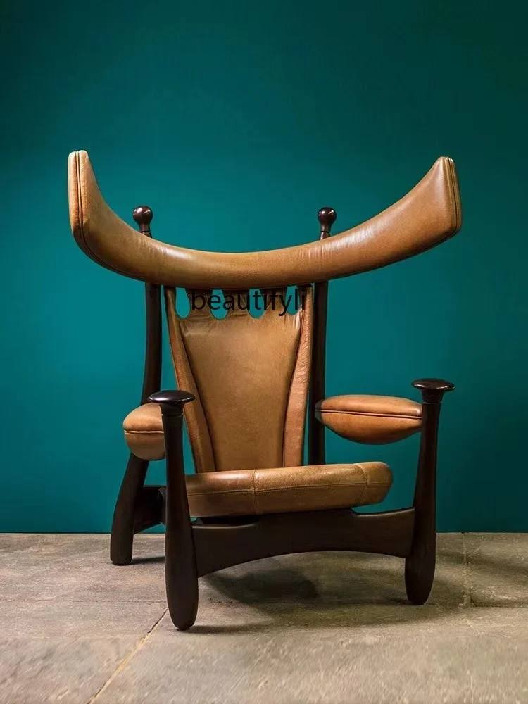A4567 Designer Artistic Creative Solid Wood Sofa Leather Art Chinese Style Model Room Leisure Homestay Retro Chief Single Chair