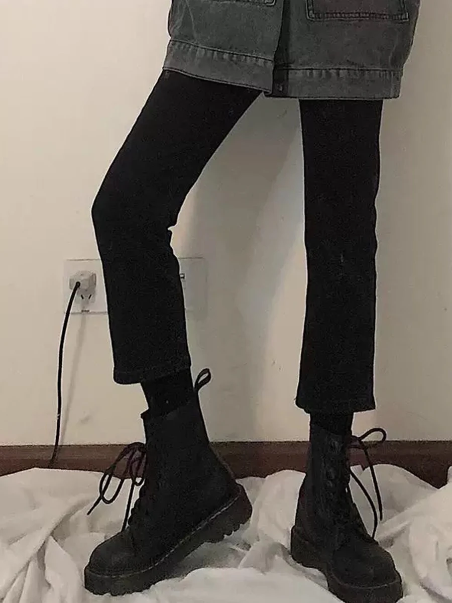 

Джинсы женские прямые, зауженные, с высокой талией, из эластичного хлопка, на осень-зиму, длиной до щиколотки, повседневные, больших размеров