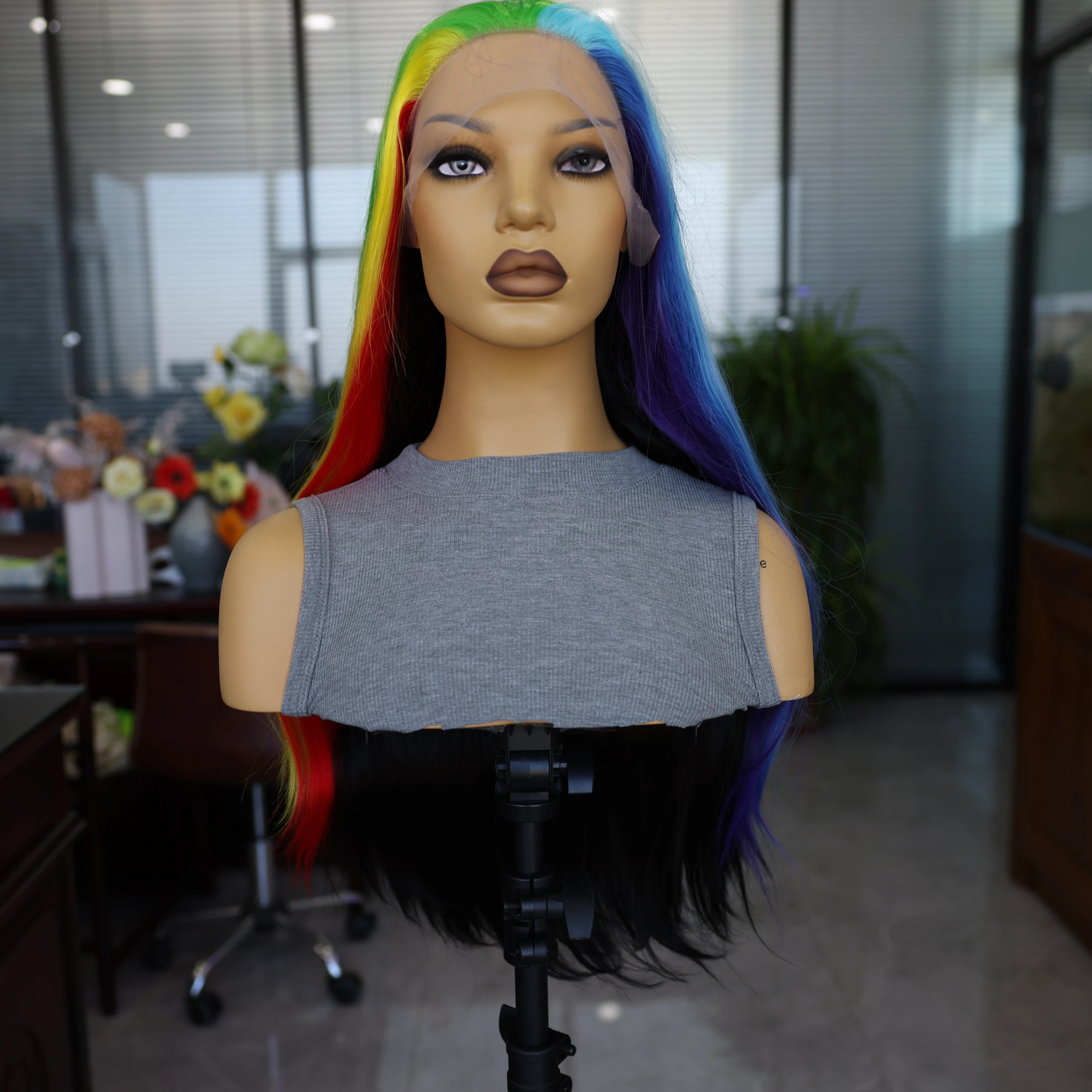 Rainbow Synthetic Wig Cosplay Travel Party Long Straight Mixed Color Women's Wig No Gel No Fade 180 Density Front Lace Net Cap