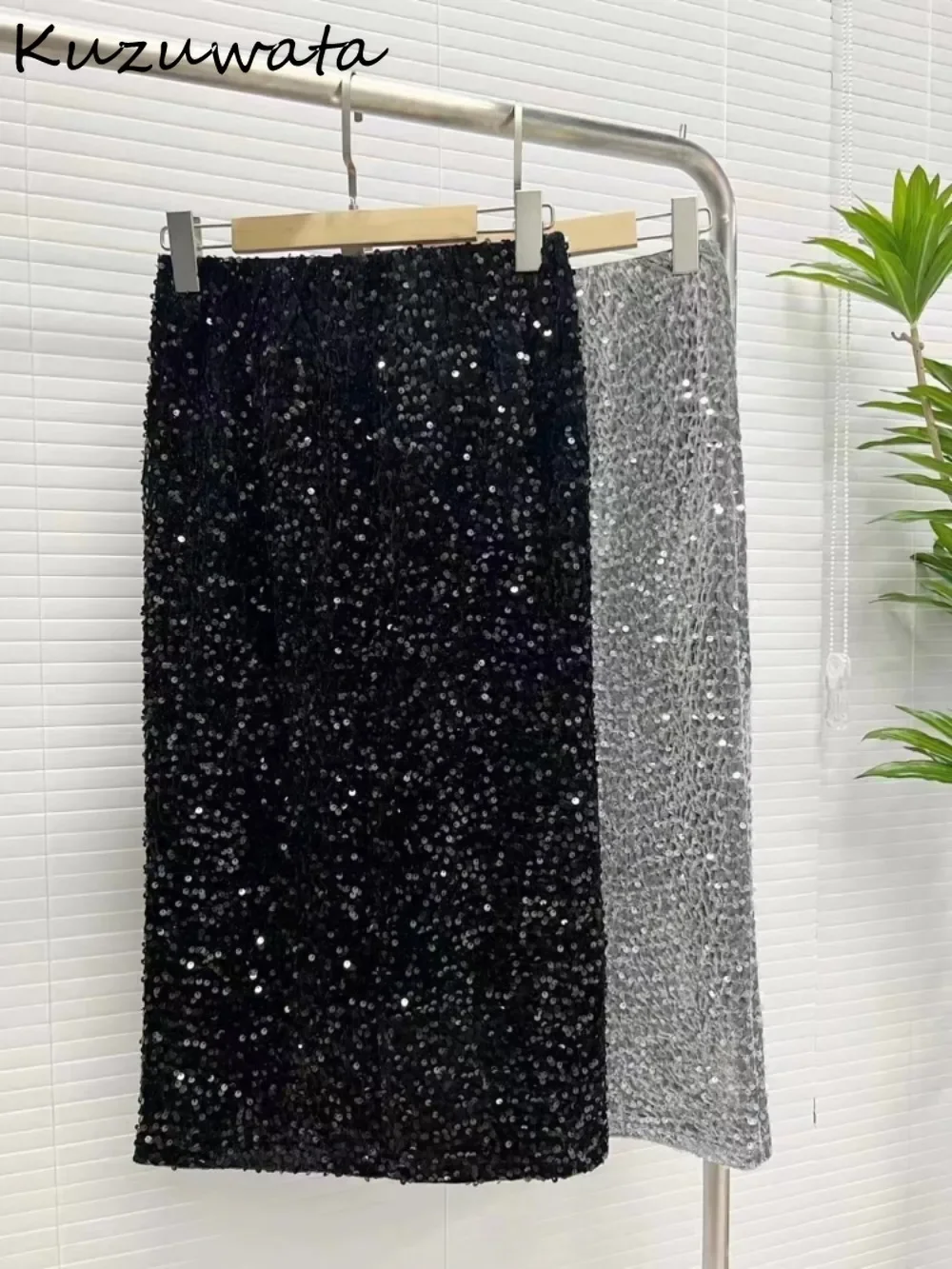 Kuzuwata High Street Advanced Sequin Vent Skirts Women Velvet Stretch Waist Shiny Faldas Japan Bodycon Mid-length Luxury Skirt