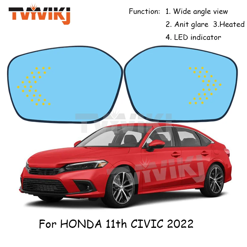 1 pair Side Rearview Mirror Blue Glass Lens with LED indicator For HONDA 11th CIVIC 2022 Wide Angle View anti glare car mirrors