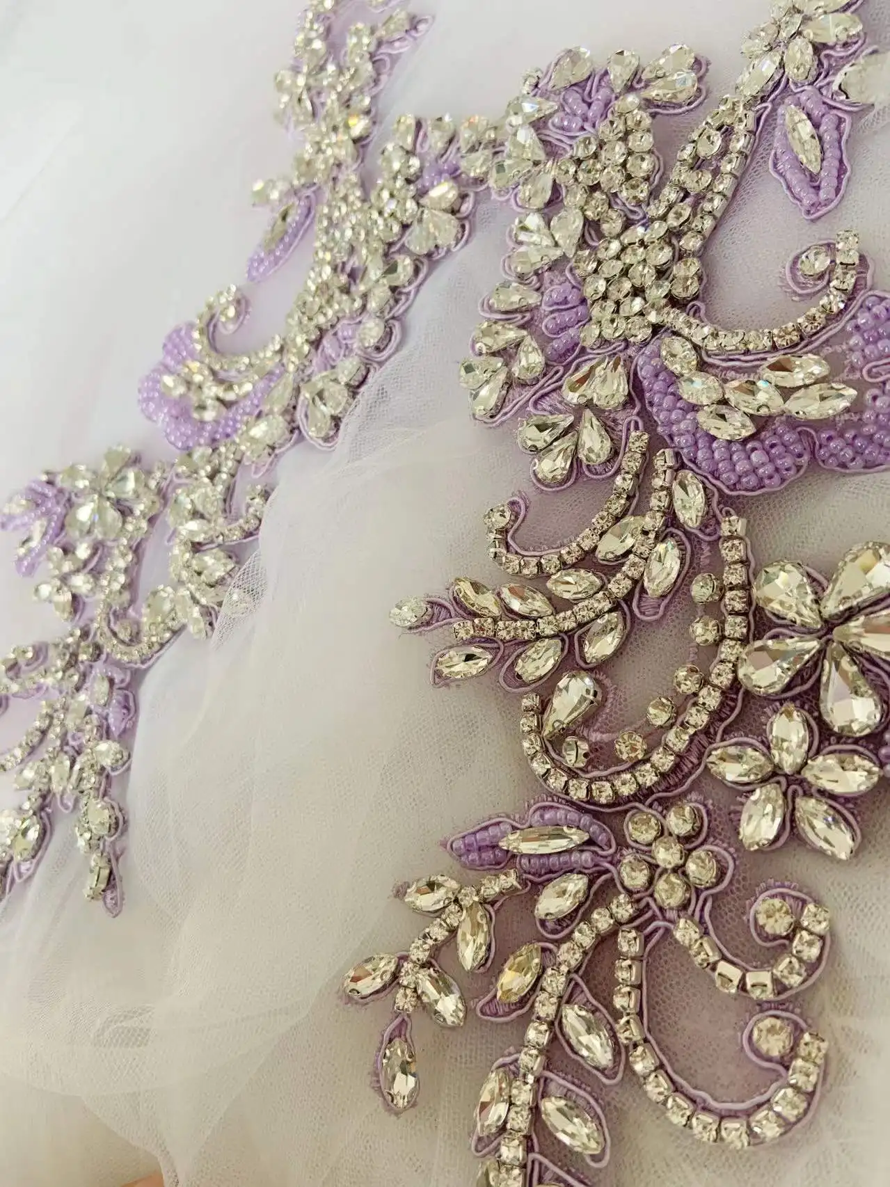 Popular Mint Green Crystal Floral Applique Trim French Bead Handmade Rhinestone Patch for Purple Bridal Dress,Ball Gown Decor