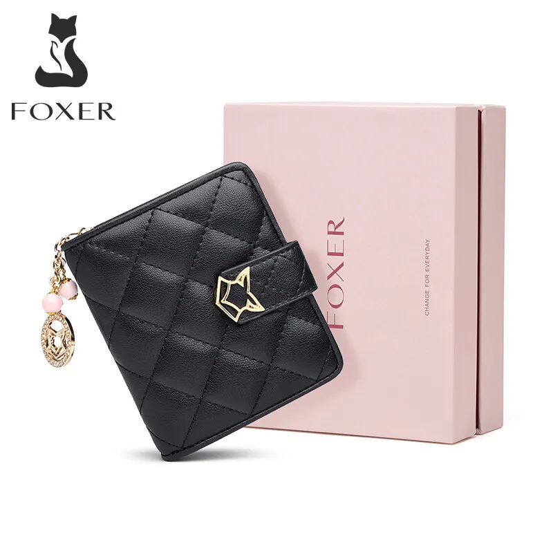 FOXER Brand Women Split Leather Short Wallet High Quality Multi-function Card Holder Girl\'s Fashion Plaid Zipper Mini Coin Purse