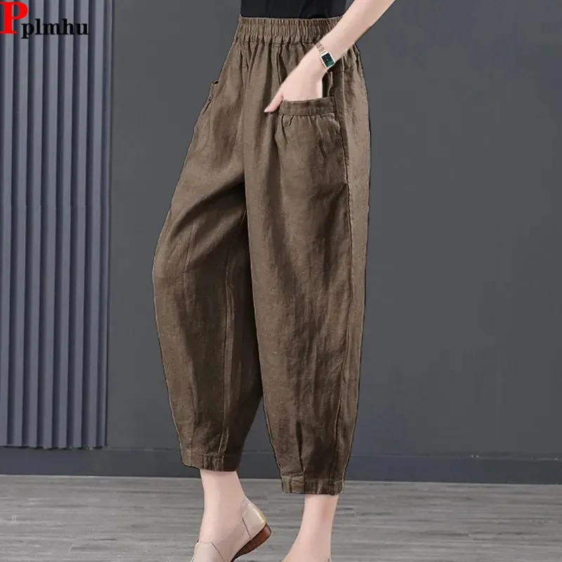 

Ice Silk Cotton Linen Ankle-length Bloomers Summer Thin High Elastic Waist Loose Casual Pantalones New Women Pants Korea Spodnie