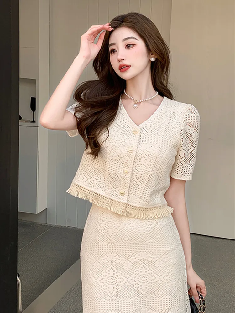 New Korean Fashion Lace Two Piece Set for Women Summer Tassel V-neck Short Sleeve Shirt Blouse + High Waist Long Skirts Sets Y2k