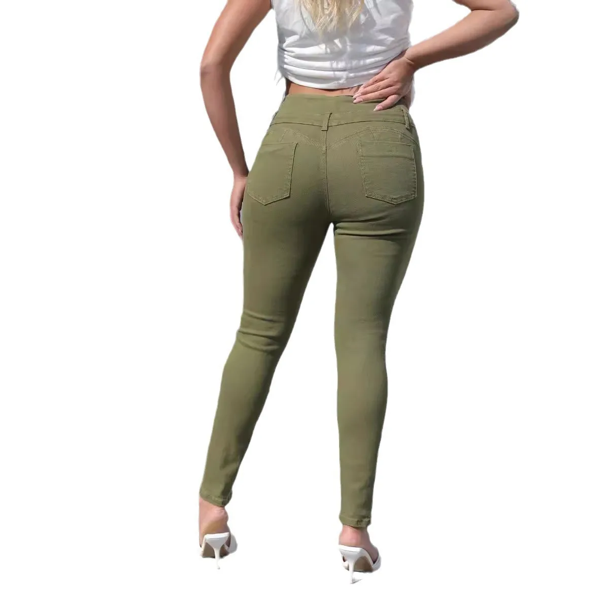 Calça jeans lápis de cintura alta feminina, bainha jeans, comprimento do tornozelo, botão, monocromático, bolsos magros, lavado, casual, mosca com zíper, 2024