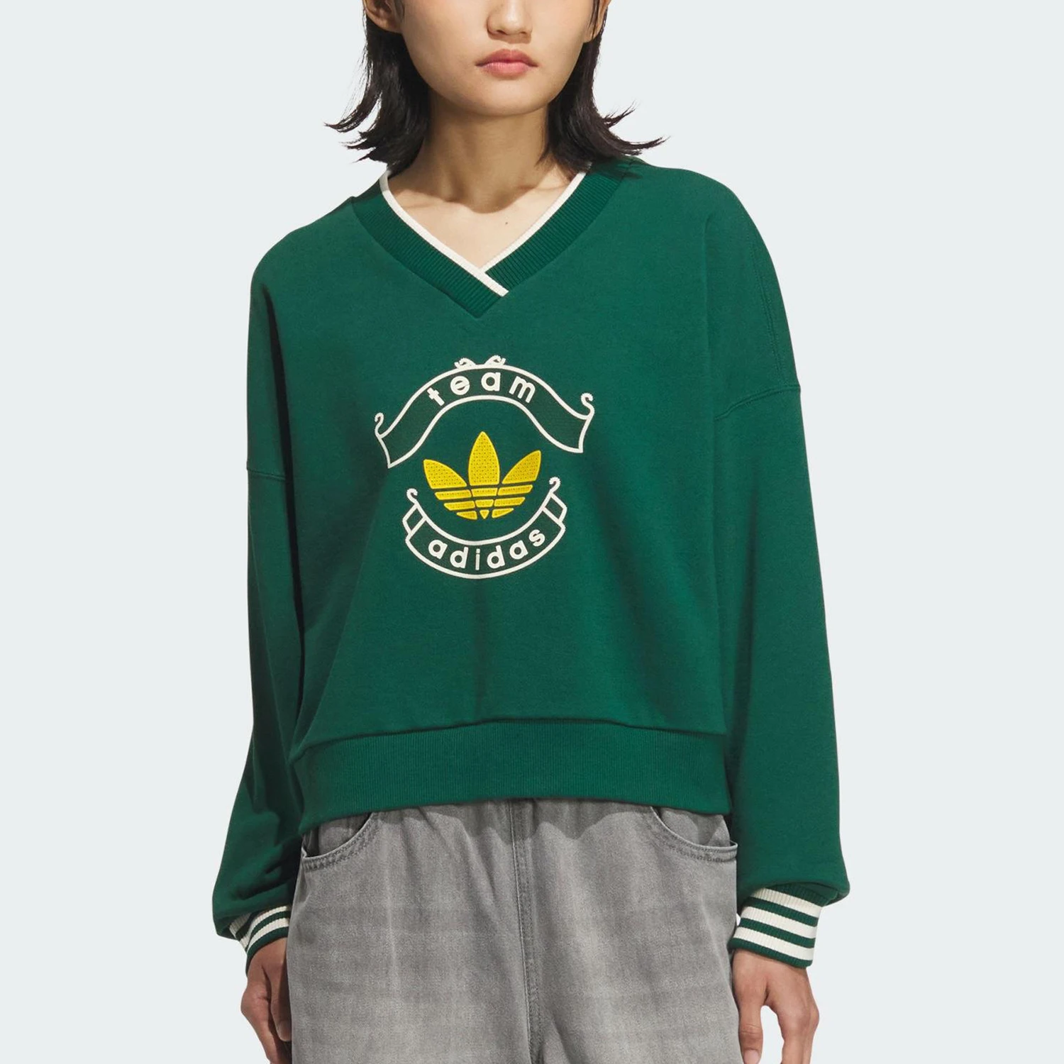 Adidas Originals Trefoil Womens Sports Casual Loose V-neck Pullover Shirt KC5846
