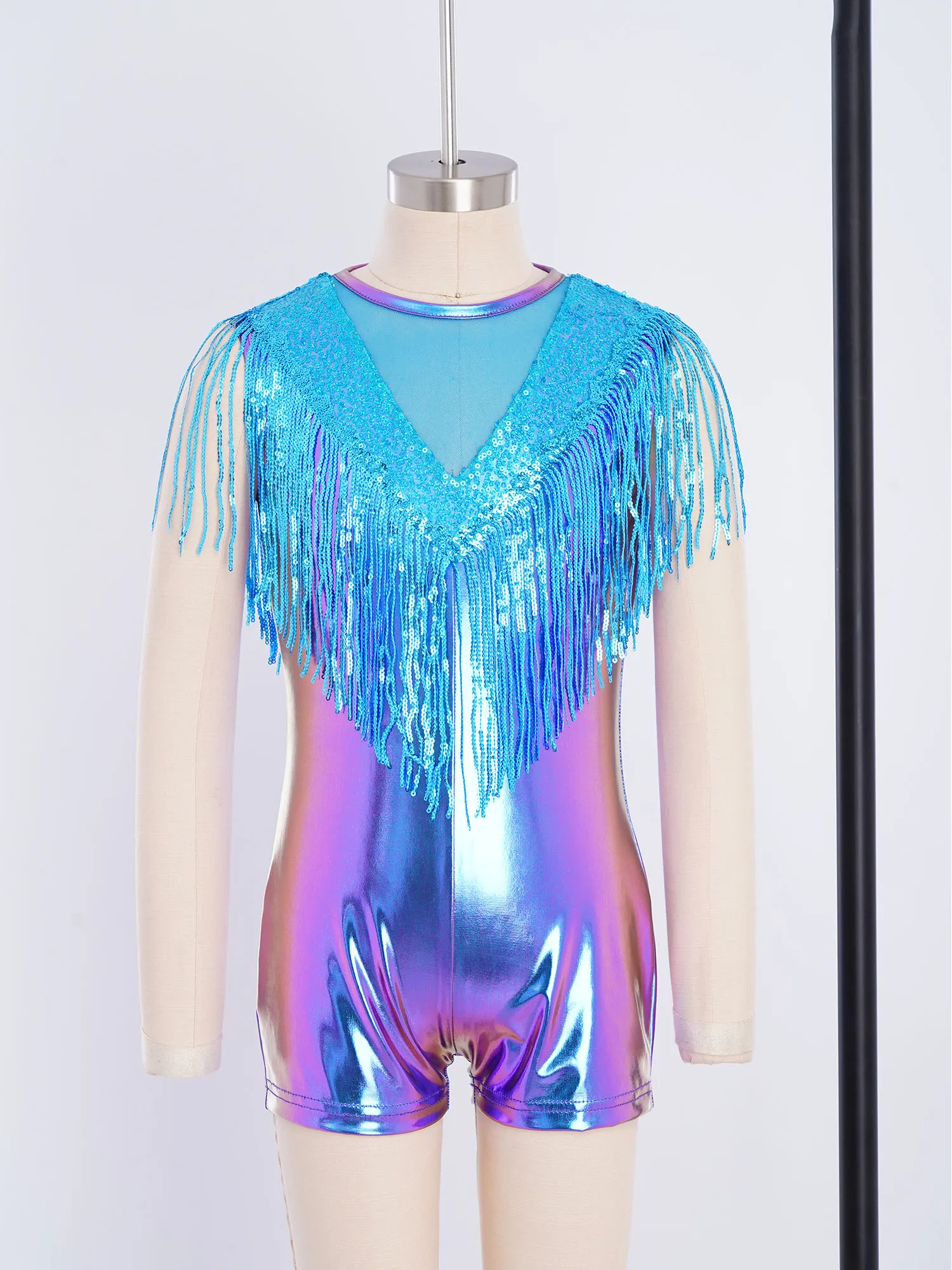 6-16 Girls 70s Disco Jazz Costume Shiny Flared Jumpsuit Kids Fashion Romper Children's Sequins Tiered Ruffles Jumpsuits Outfits view 4