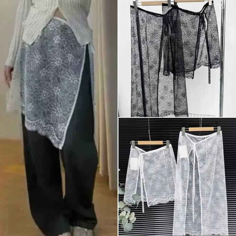 

Новая мини-юбка с вышивкой и кружевом, прозрачная, в стиле Y2K, уличная мода, с рюшами и шнуровкой, плиссированная юбка в стиле Харадзюку, украшенная джинсовой отделкой