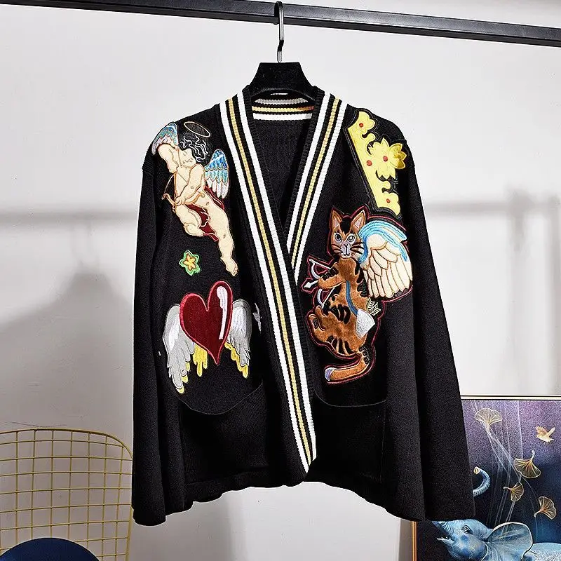 Fashion Women Knitted Suits 2022 New Autumn Embroidery Cartoon Loose Knit Cardigans Coat + Casual Harem Pants Streetwear Sets