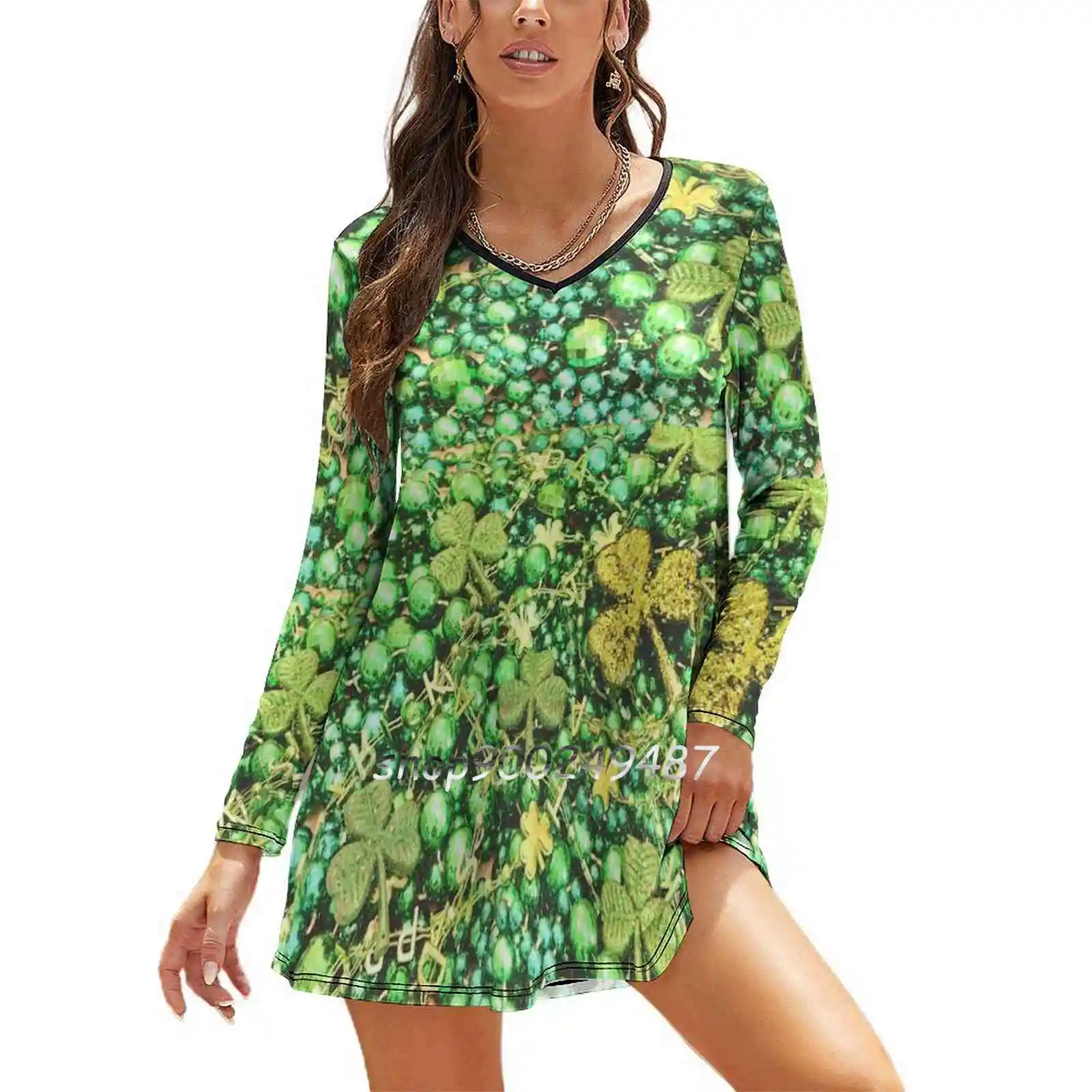 Ireland St Patrick'S Day Green Irish Beads Women Casual High Waist Mini Dress Long Sleeve Dress Autumn New Fashion Dress