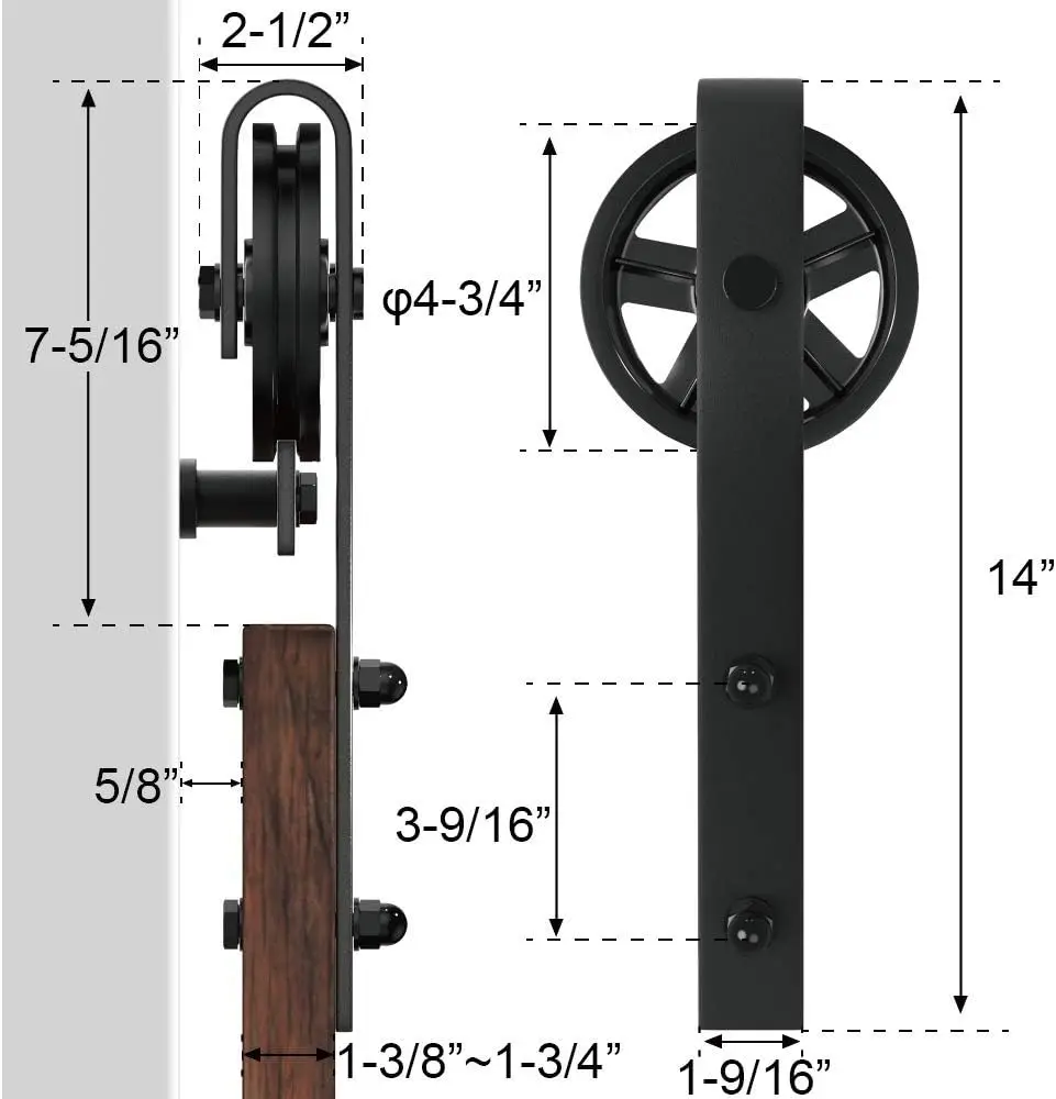 Kit de rodillo de rueda de radios grandes negros básicos, herrajes de puerta de Granero deslizante de madera única, armario de garaje, acero al carbono, Tra plano