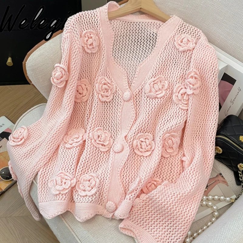 

French Holiday Style Short Pink Knitted Cardigans Women 2024 Early Autumn New Elegant Long Sleeve V-neck Knitting Cardigan Tops