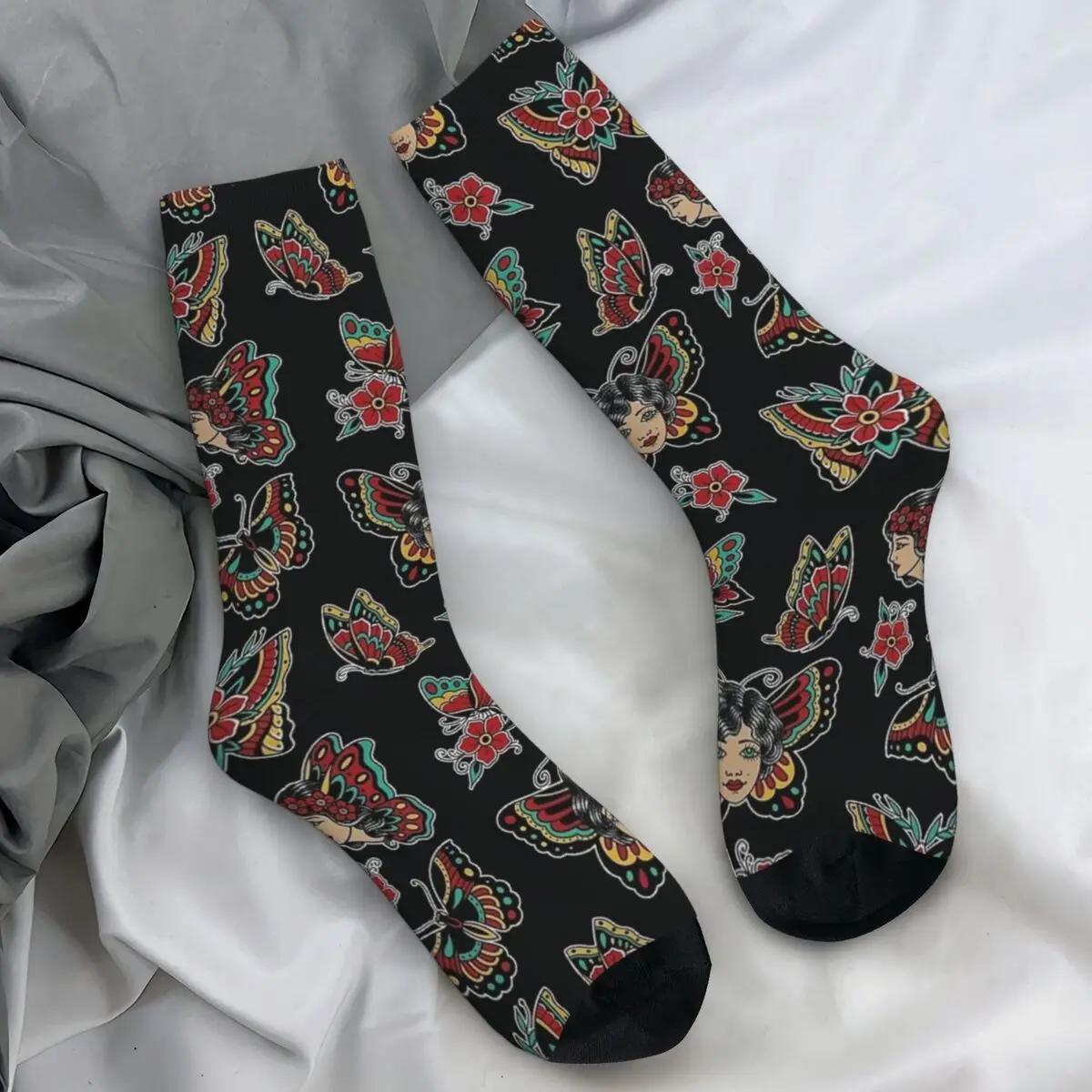 American Traditional Butterfly Tattoo Socks Vintage Trendy Stockings Autumn Anti Bacterial Adults Men Socks Medium Cycling Socks