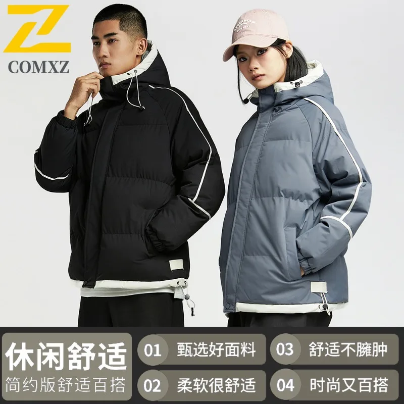 COMXZ 2025 Winter Fashion Hooded Puffer Jacket American style Unisex Casual Loose Fit Warm Waterproof Windproof Solid Color Coat