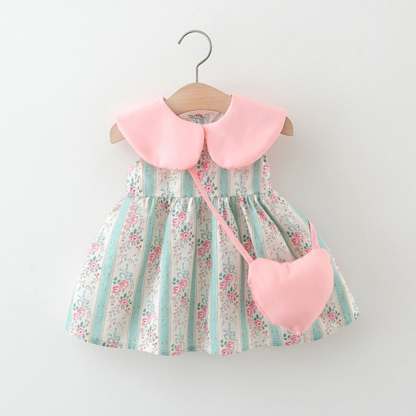 

Summer Baby Girl Pink Dress Korean Style Sweet Floral Print Doll Collar Sleeveless Dress with Bag Elegant Girl Party Dress