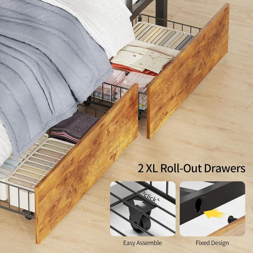 Bunk Bed for Small Space, Bunk Beds Twin Over Twin with Desk, Power Outlets, RGB LED Lights, Storage Drawers, Metal Beds with Sa