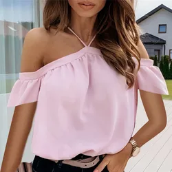 Women Summer Off Shoulder Tops Halter Blouse Shirts Sexy Backless Solid Color Tops Ladies Elegant Short Sleeve Shirt Blusas 2Xl